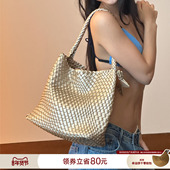 ECODAY中号秋季 原创设计编织包通勤旅游托特包手提单肩包女香槟色