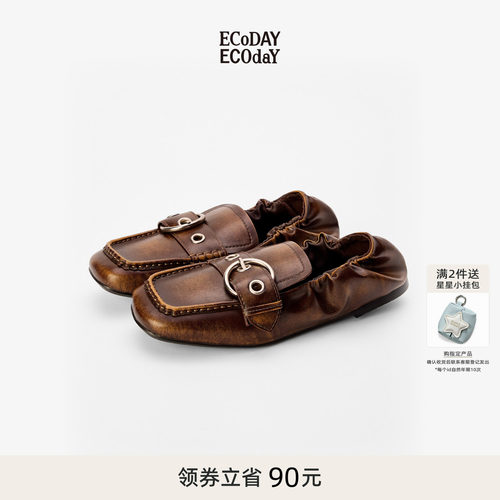 ECODAY乐福鞋懒懒棕带扣方头鞋平底棕色皮鞋女士复古巴洛克风秋冬
