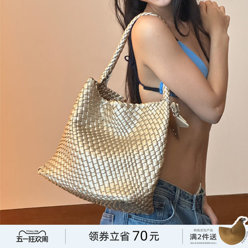 ECODAY中号秋季原创设计编织包通勤旅游托特包手提单肩包女香槟色