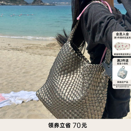 ECODAY中号原创设计编织包通勤旅游托特包手提单肩女香槟色腋下包