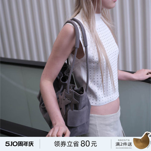 ECODAY束束包设计师款灰色大象包包抽绳水桶包单肩云朵手提包女