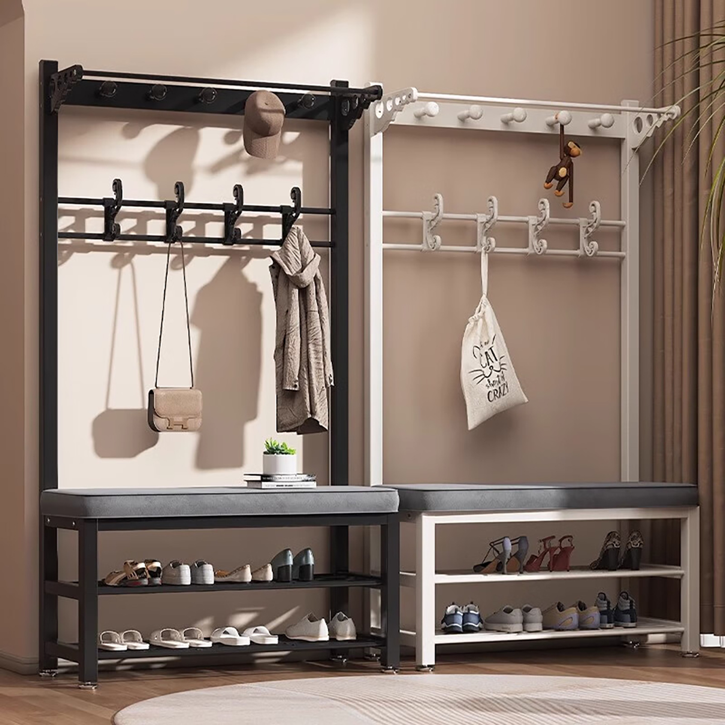 家用门厅鞋架简约不占地入户门简易衣帽架一体换鞋凳立式多功能