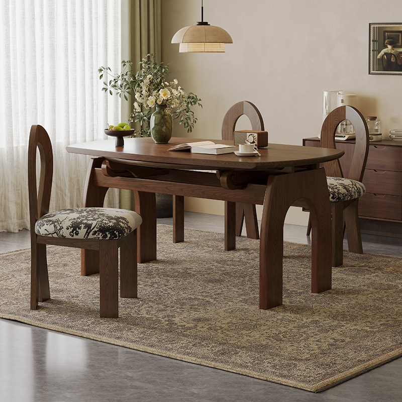 法式中古风实木伸缩餐桌可变圆桌折叠H小户型胡桃木色复古风饭桌