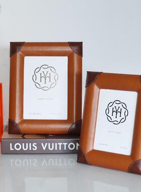 新美式皮质创意相框6寸7摆寸样板款HY-91108间卧室书房装饰相台架