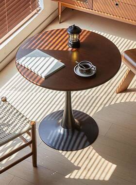 古复胡桃圆形实木圆桌家用休闲台小户型午茶桌下阳NER胡桃木洽谈