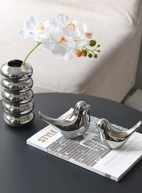 ins北欧现代轻奢设计高级感电A镀银陶瓷小鸟花瓶家居装饰品摆件