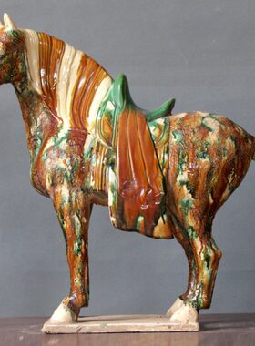 唐三彩马陶瓷大马仿古做旧马摆件中式家居装饰品客厅隔断酒柜摆设
