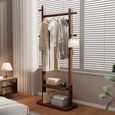 黑胡桃色实木g挂衣架卧室落地式置物架2025新款家用客厅木质衣帽