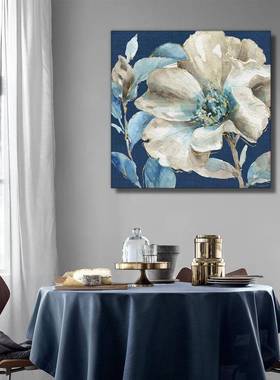 蓝底白色花挂卉18096酒丙烯厚肌油画沙发背景油画理店画手工油画