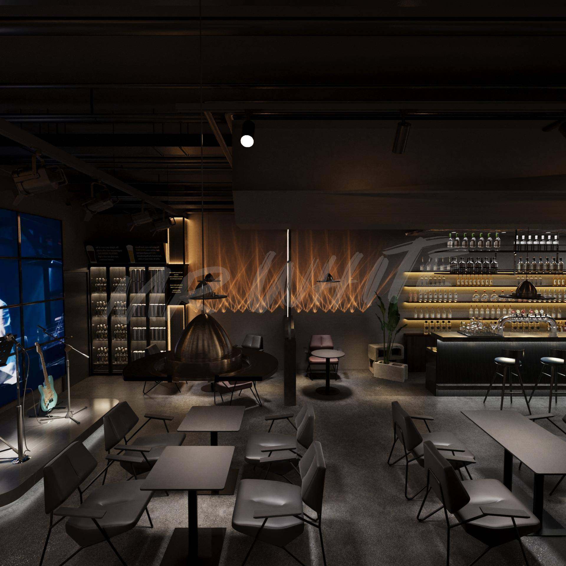 酒吧吧成套桌椅组铁艺框沙MNE发合架椅清吧静黑色风格岩板桌餐桌