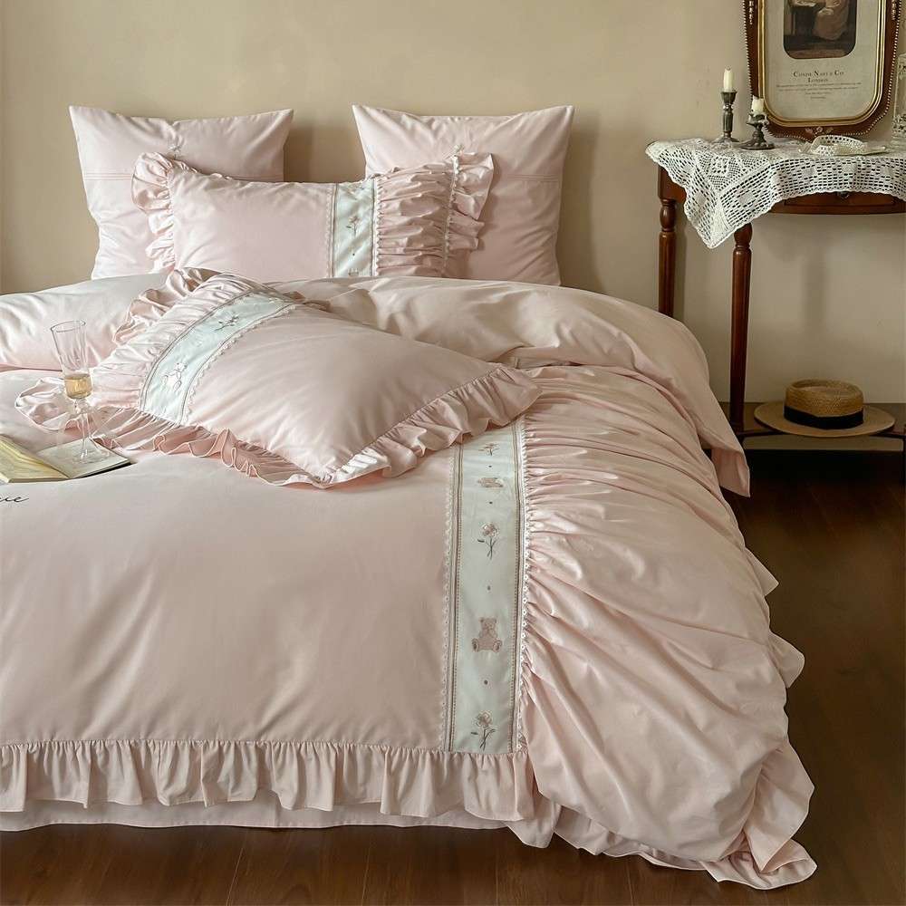 秋冬少女心50支全棉磨毛四件套花卉褶皱花边加厚被套保暖床上用品