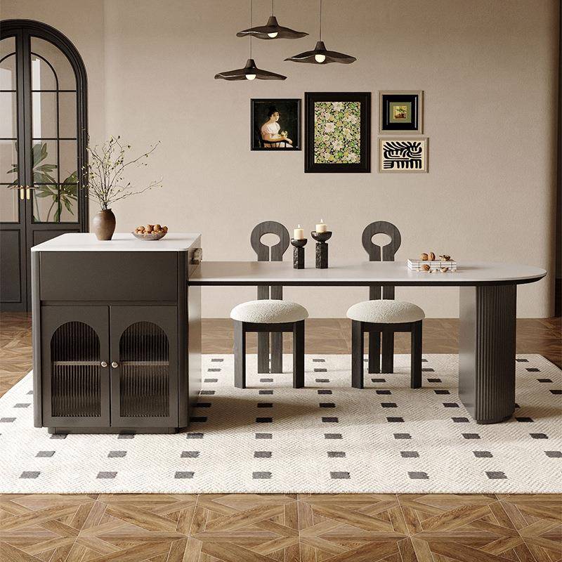 新款体中古风岩板岛台餐型桌一家用轻奢小户中黑IDR色半圆可伸缩