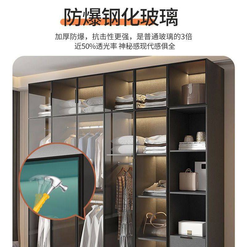轻奢衣柜家用卧室实木质小户型衣橱现代简约储物柜免安装玻璃柜子