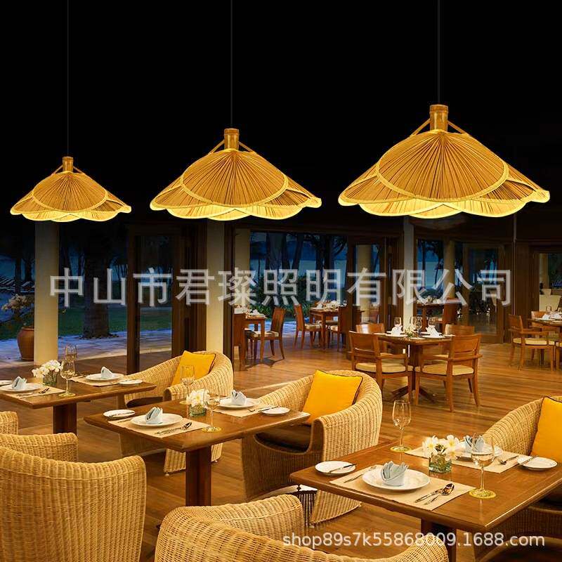 竹编吊灯新中式茶室禅意东南亚灯具创意个性草帽灯艺术竹制蒲扇灯