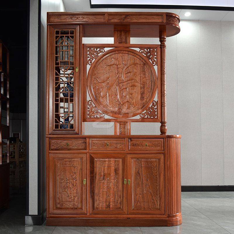 新中式仿古实木家用入户门龙柱玄关柜双面屏风隔断客厅遮挡福字柜