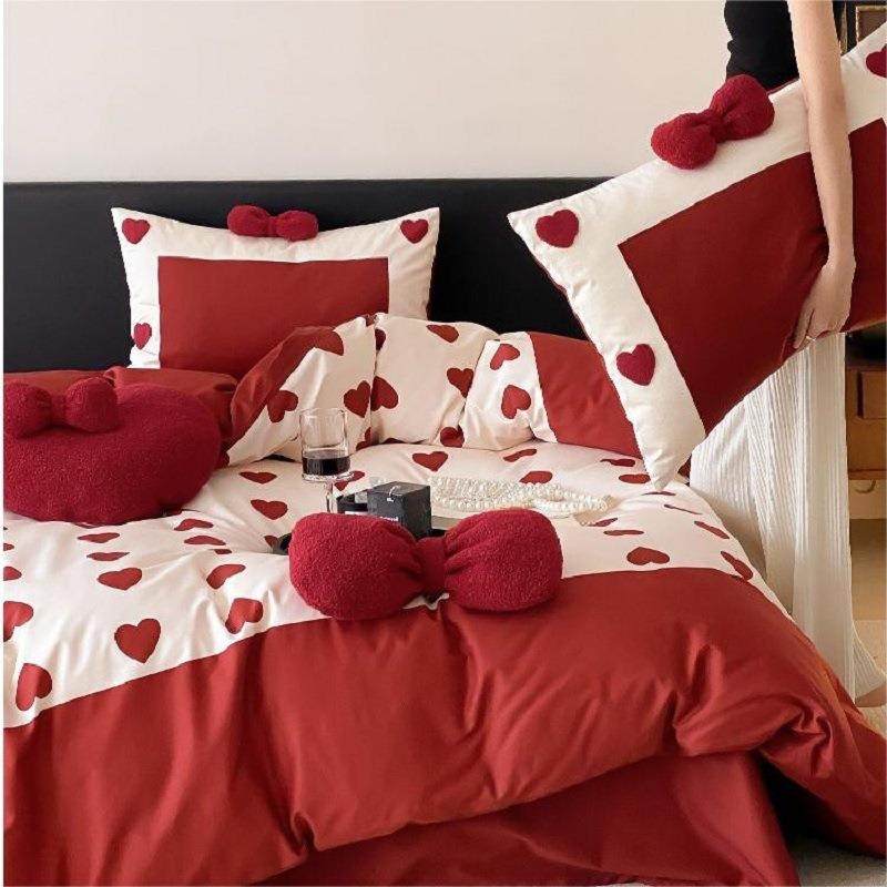 高档100支长绒棉小清新结婚庆四件套新婚嫁红色床单被套床品双人