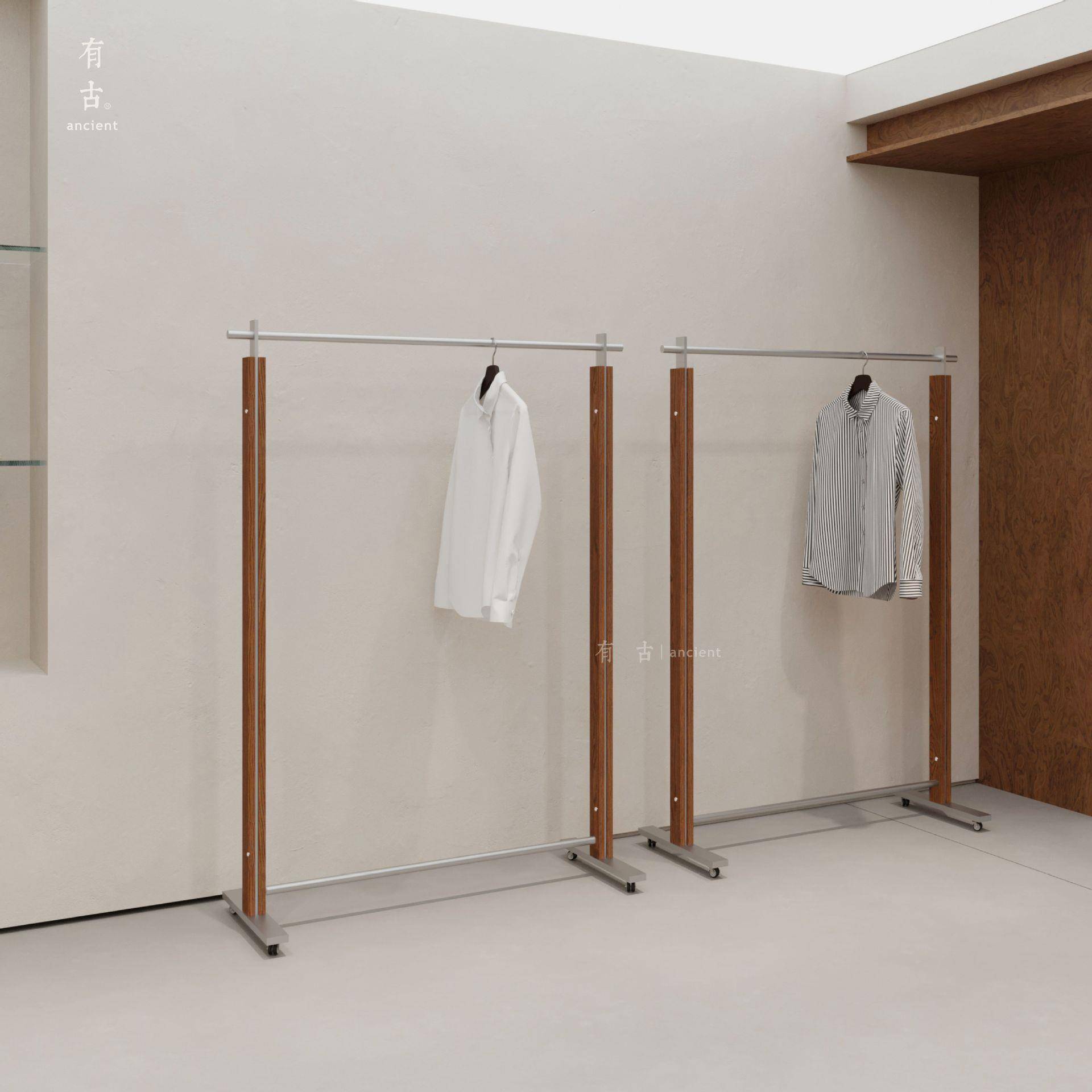 买手店带轮中岛货架侧挂架服装店展示架陈列架落地式不锈钢挂衣架