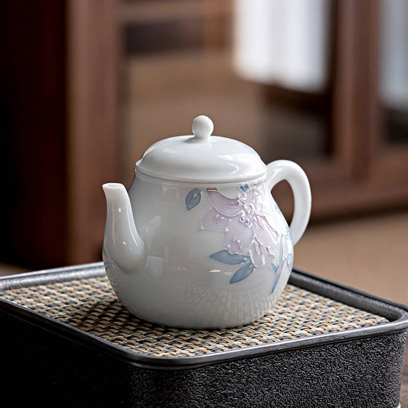 手绘百合茶壶单壶功夫泡茶器陶瓷茶具带过滤釉下彩堆雕家用壶