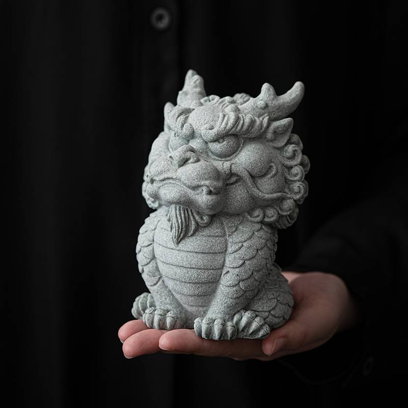 青砂石二哈神兽创意摆件中式家居客厅桌面茶宠茶玩鱼缸造景装饰品