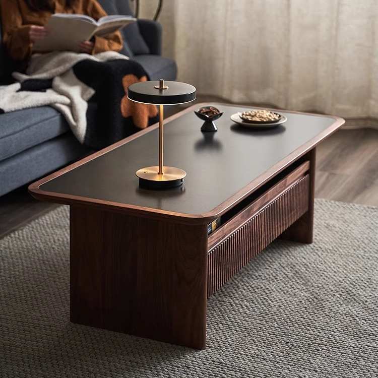 现代简约实木茶几家用小户型客厅黑胡桃木岩板茶台茶几电视柜组合