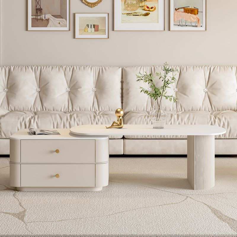 法式纯白岩板茶几轻奢现代简约奶油风客厅椭圆形家用小户型可伸缩