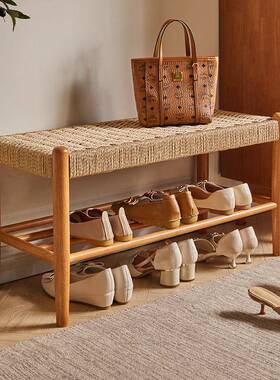 家逸条实木鞋凳家用门换口入户鞋架编绳穿鞋凳长78909凳更衣凳床