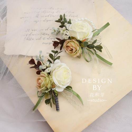 新款原创白绿玫瑰森系叶子商务活动胸花结婚新郎伴娘姐妹团手花