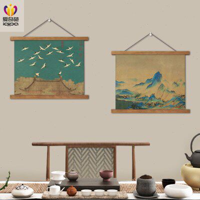 中式装饰画古画中国风客厅禅意山水画横款布艺挂画背景墙遮挡画