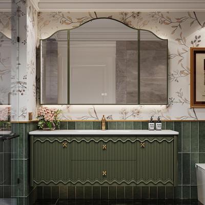 法式覆古浴室柜岩板热弯一体盆洗手台原创港风化妆室洗手盆柜组合