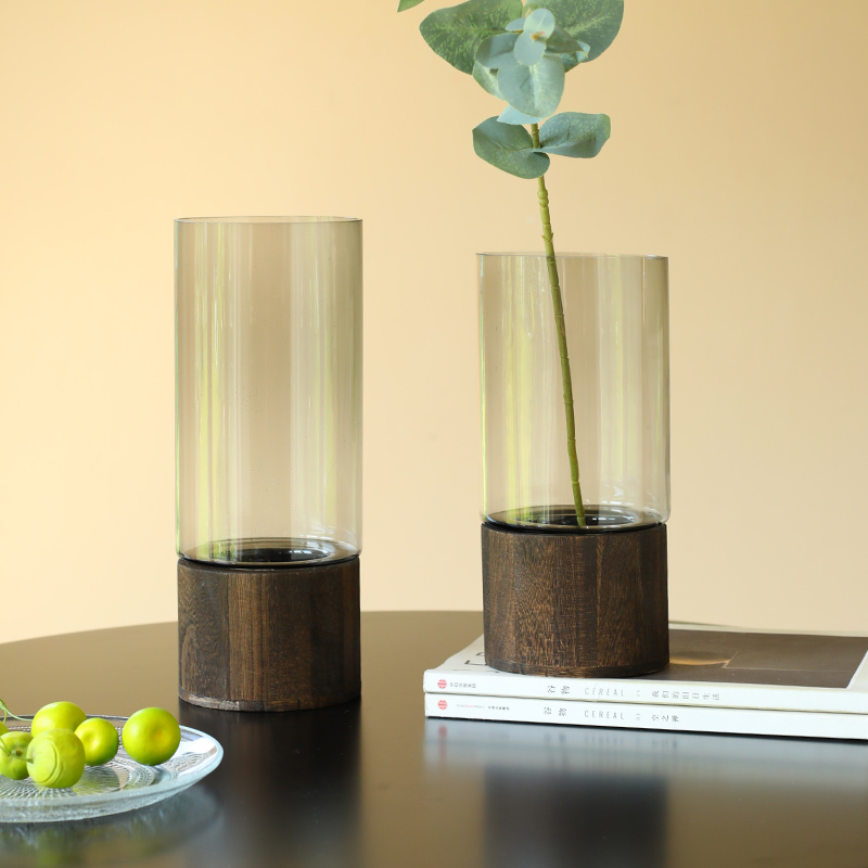 创意简约木托玻璃花瓶p直筒摆件水养鲜花郁金香客厅餐桌插花器装