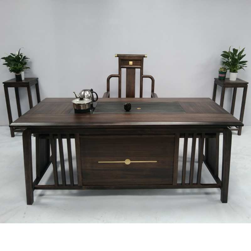 新中式实木茶桌家用茶台功夫客厅茶桌椅组合灰茶色1.8米自动炉