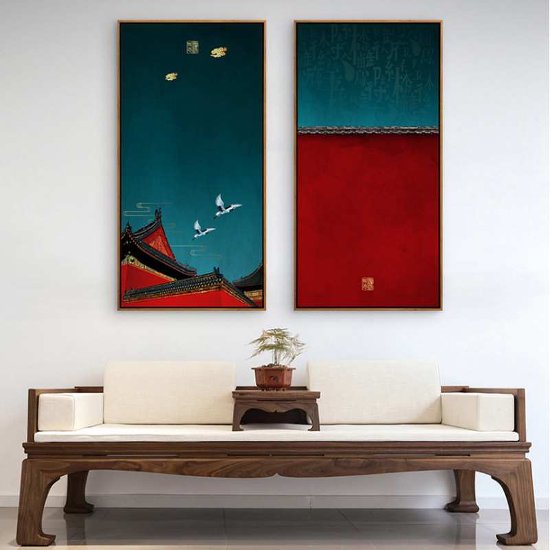 新中式客厅装饰画红色中国风样板间书房油画大气禅意玄关故宫墙画