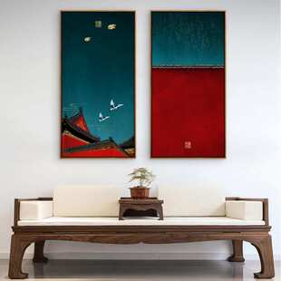 新中式客厅装饰画红色中国风样板间书房油画大气禅意玄关故宫墙画