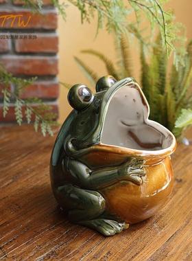 创意大嘴青蛙门厅招财储蓄罐水培花盆笔筒杂物收纳客厅装饰摆件