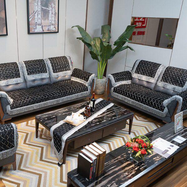 欧式真皮沙发垫黑色四季通用客厅简约沙发坐垫防滑布艺沙发套罩巾