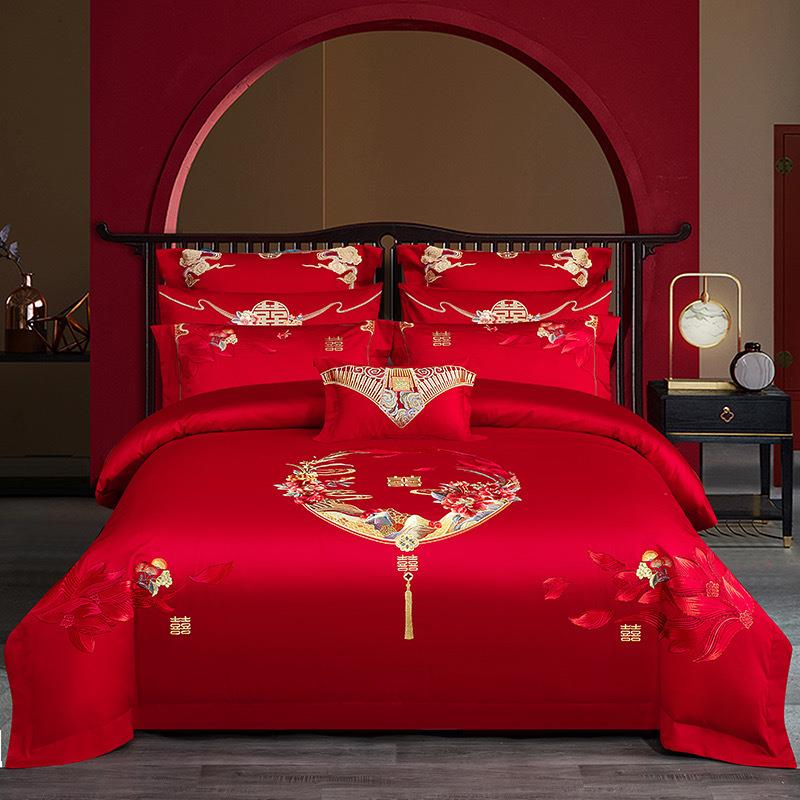 新中式刺绣婚庆四件套床上被套红色结婚用品龙凤高档140支长绒棉