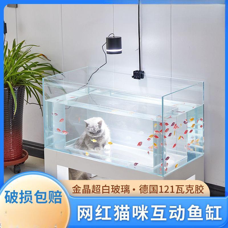 定制猫咪观赏鱼缸隧道可钻观景超白玻璃一体猫缸沉浸式海景猫窝