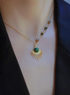 2025新款复古【孔雀尾】轻奢百搭钛钢项链高贵典雅绿色