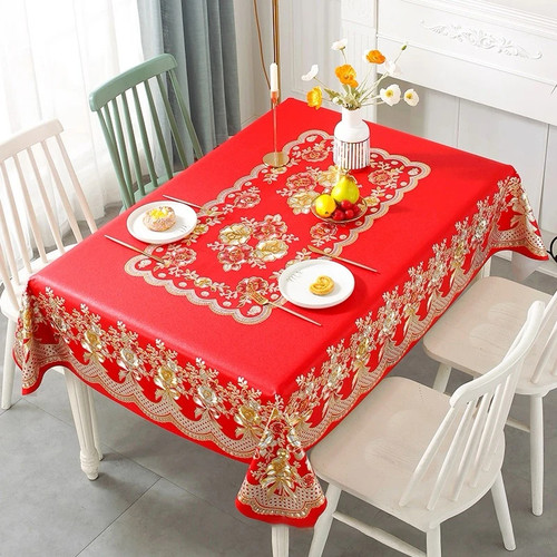 【中国红】90*150家用PVC防水防油防烫免洗长方形桌台布茶几烫金