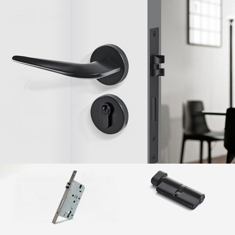 黑色简约卧室门锁全铜静音分体锁拉手现代简约卫生间通用型门把手