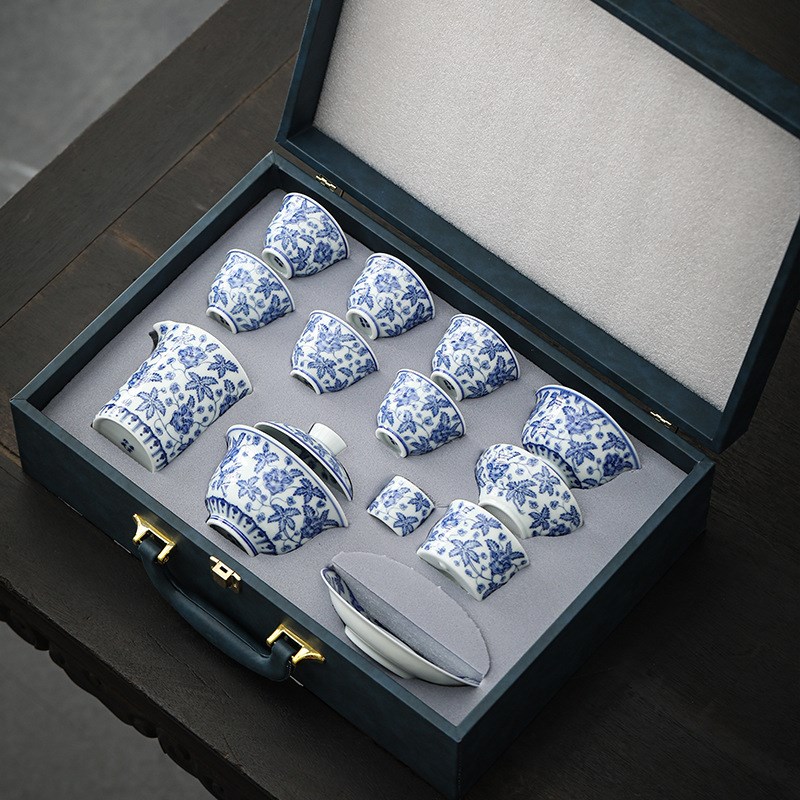 白瓷青花秋葵茶具套装家用整套盖碗三才碗泡茶碗办公室会客厅茶具