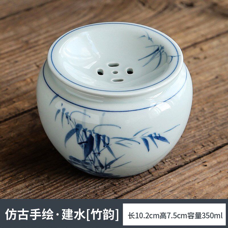 陶瓷建水茶渣缸家用带盖茶洗水盂小号手绘青花复古茶水桶茶道配件