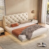 悬浮床拉扣月球表面床悬空灯带感应灯卧室主卧双人皮床齐边床