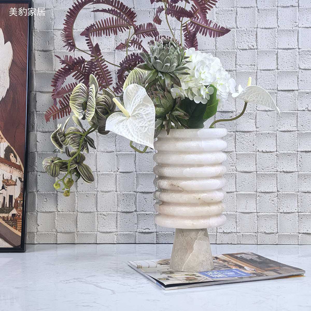 美豹天然大理石花瓶摆件现代新中式样板房玄关桌面装饰好花器