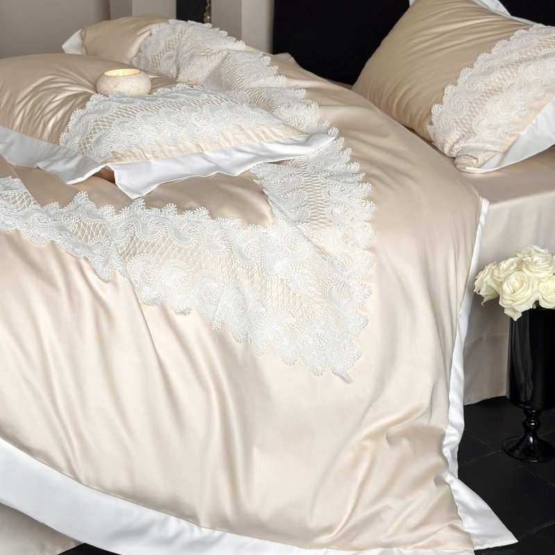 轻奢风高支长绒棉四件套浪漫法式蕾丝花边全棉1.8m香槟色床上用品