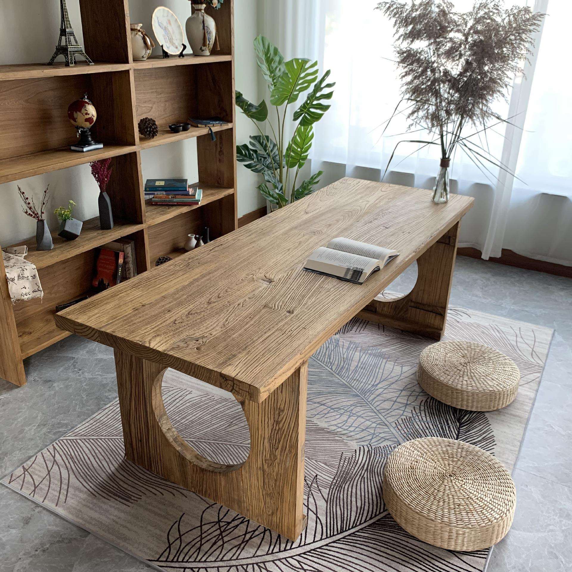 全实木老榆木茶桌复古禅意风化老旧门板桌子家用民俗餐桌书桌