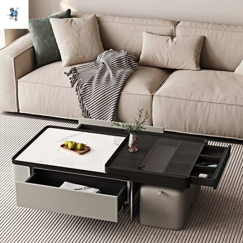 中古风意式极简科技石长方形茶几E0级人造板高档轻奢设计整装收纳