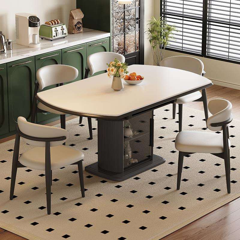 法式岩板餐桌家用小户型现代简约轻奢白色奶油风岛台半圆餐桌椅