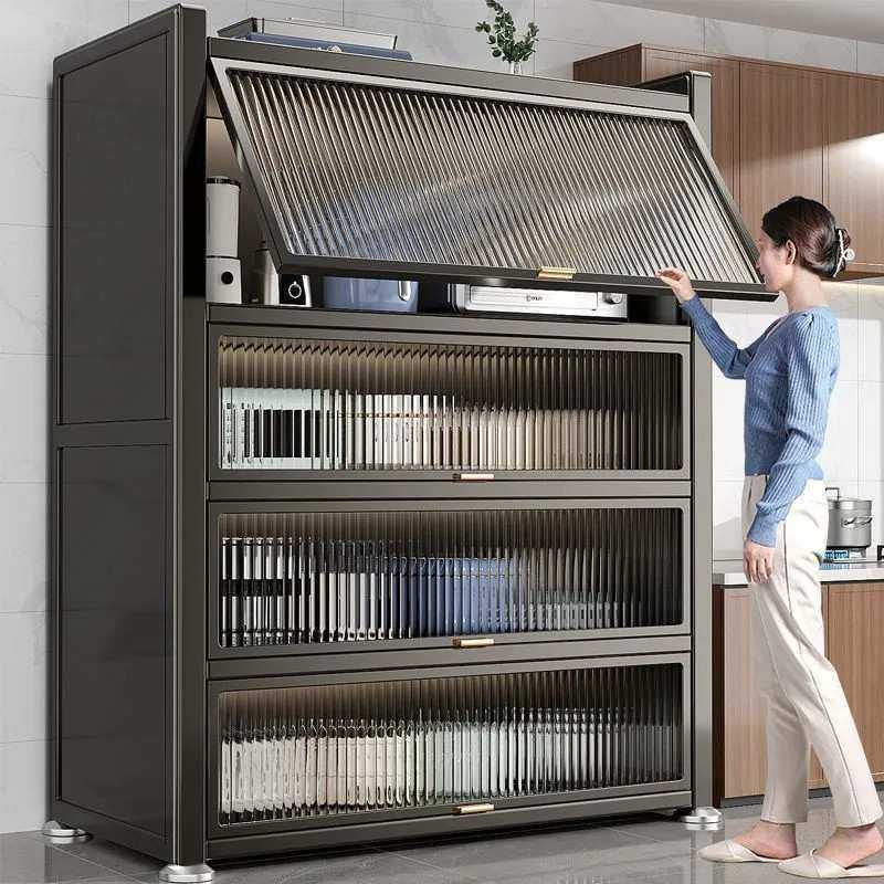 加厚厨房置物架落地多层橱柜家用微波炉碗柜餐边柜楼道储物柜门外