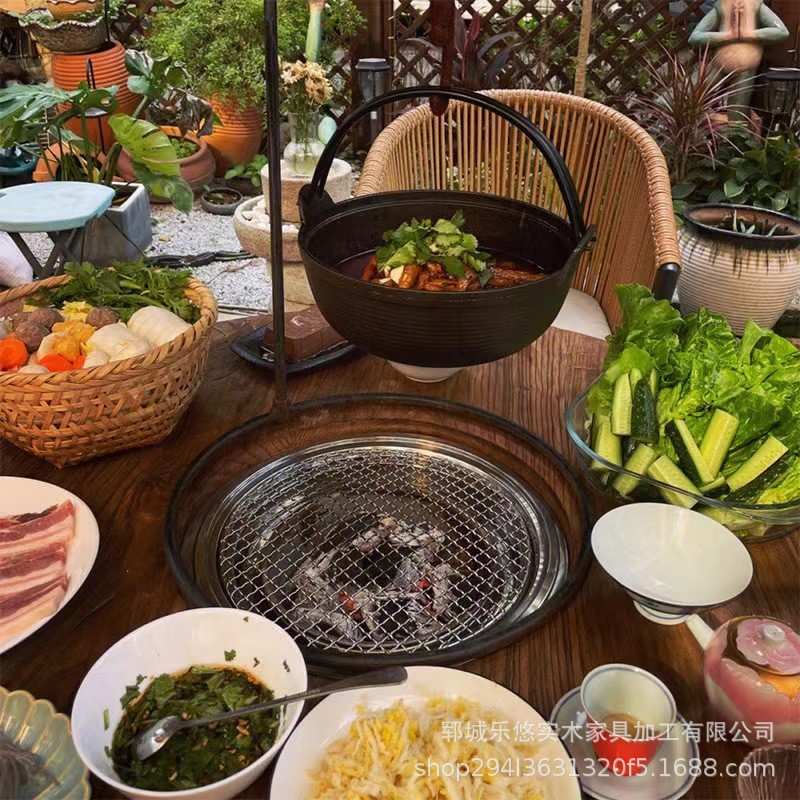 老榆木围炉桌户外庭院聚会木质烧烤煮茶桌老榆木圆形小桌子